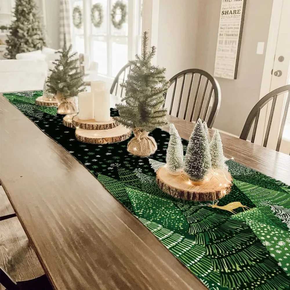 Christmas Green Forest Christmas Pattern Decoration Table Banner Holiday Table Decoration Home Kitchen Restaurant Party Decoration Y251113
