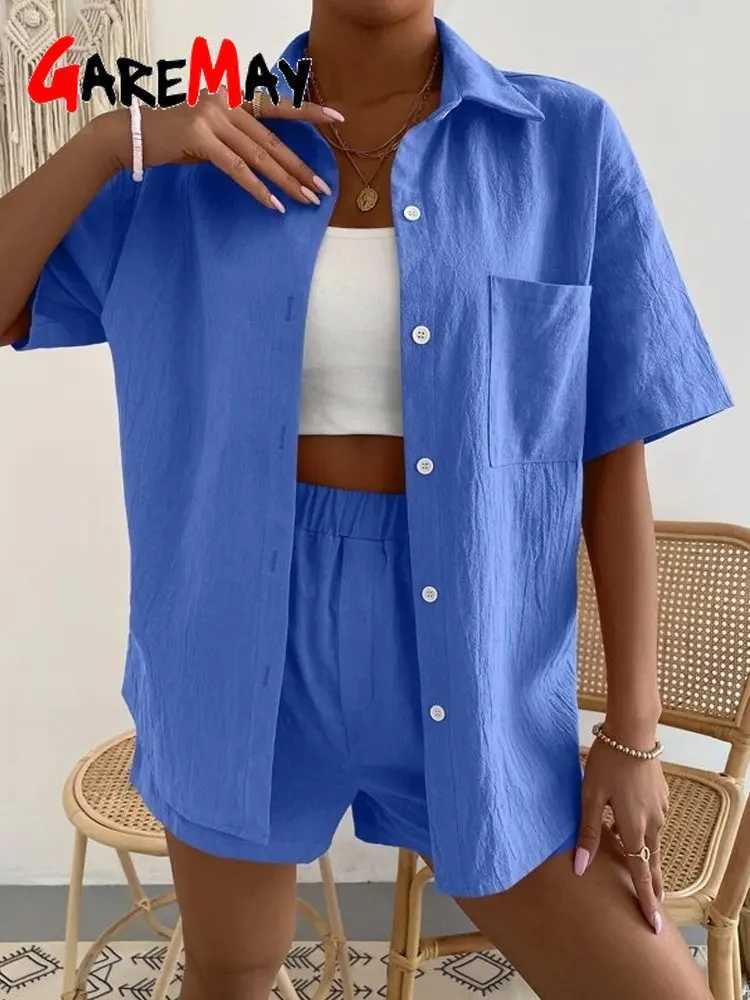 Womens cotton set shorts Sve casual Ele Green Soild two-piece set womens set womens setXJ250414