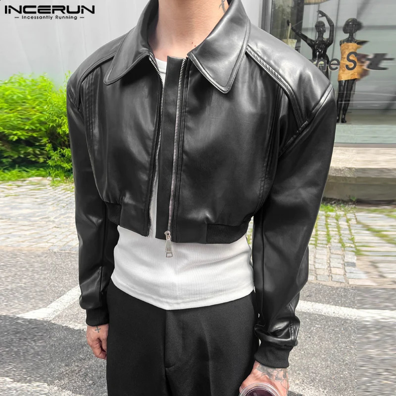 INCERUN Men Long Sleeve Solid Color Coats PU Leather Short Jackets Handsome Simple Lapel Collar Waistcoats Zipper Loose Tops 250409