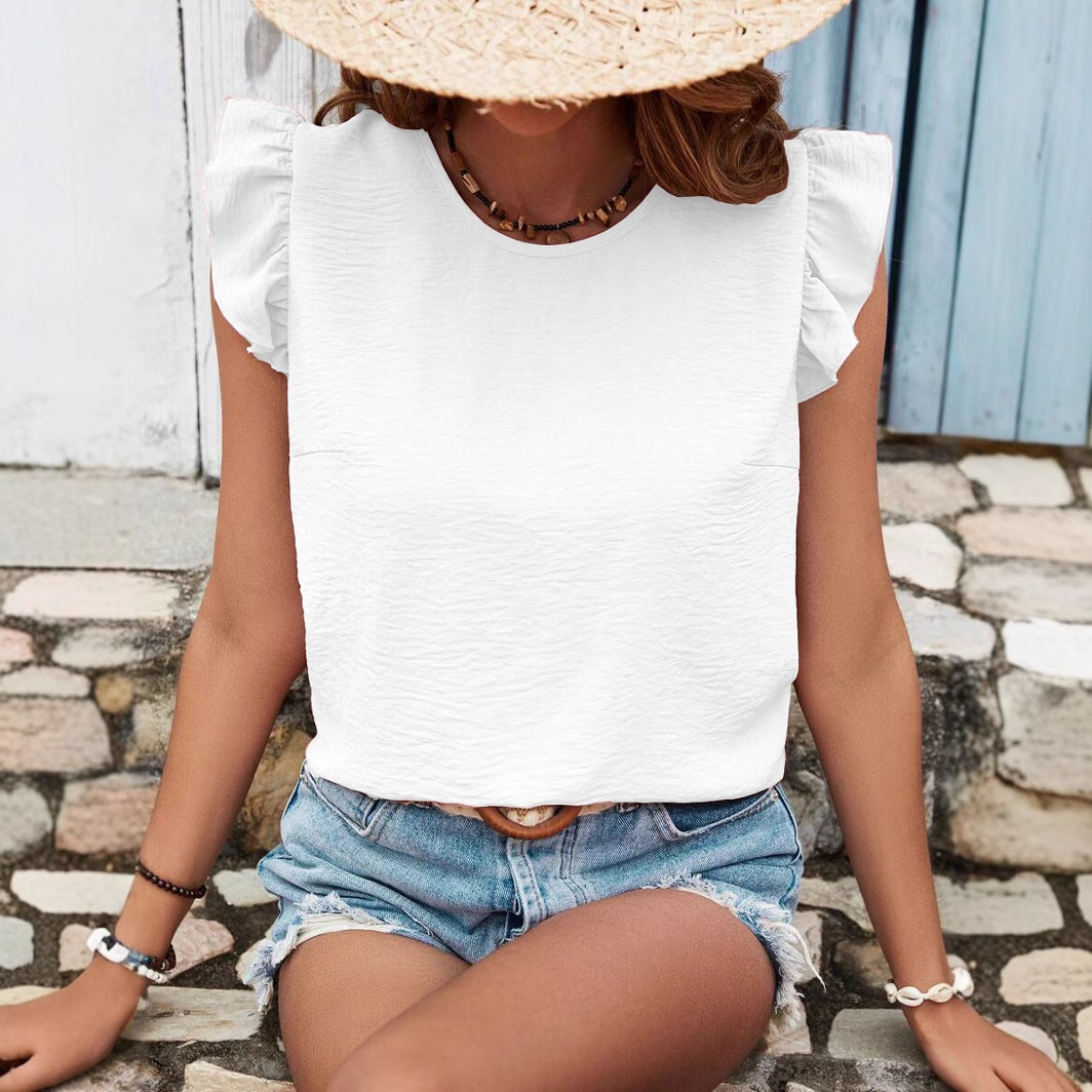 Women's clothing vest, solid color round neck pullover, lotus leaf edge bow, sweet top for women