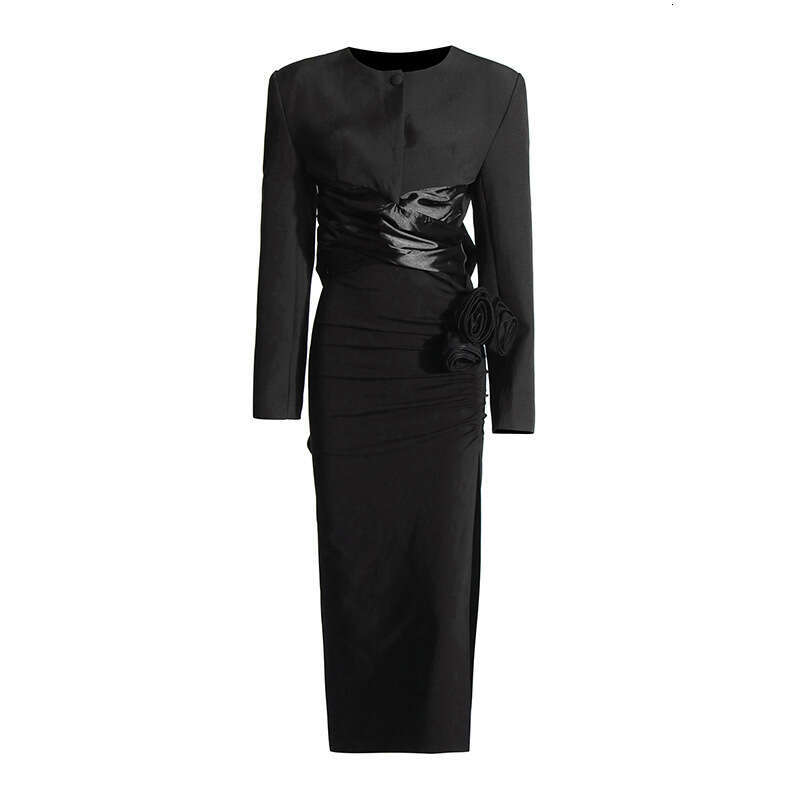 Designer Chic Women's Ensemble - Stylish Round Neck Lace Up Shirt Paired with a Trendy High Waist Split Skirt