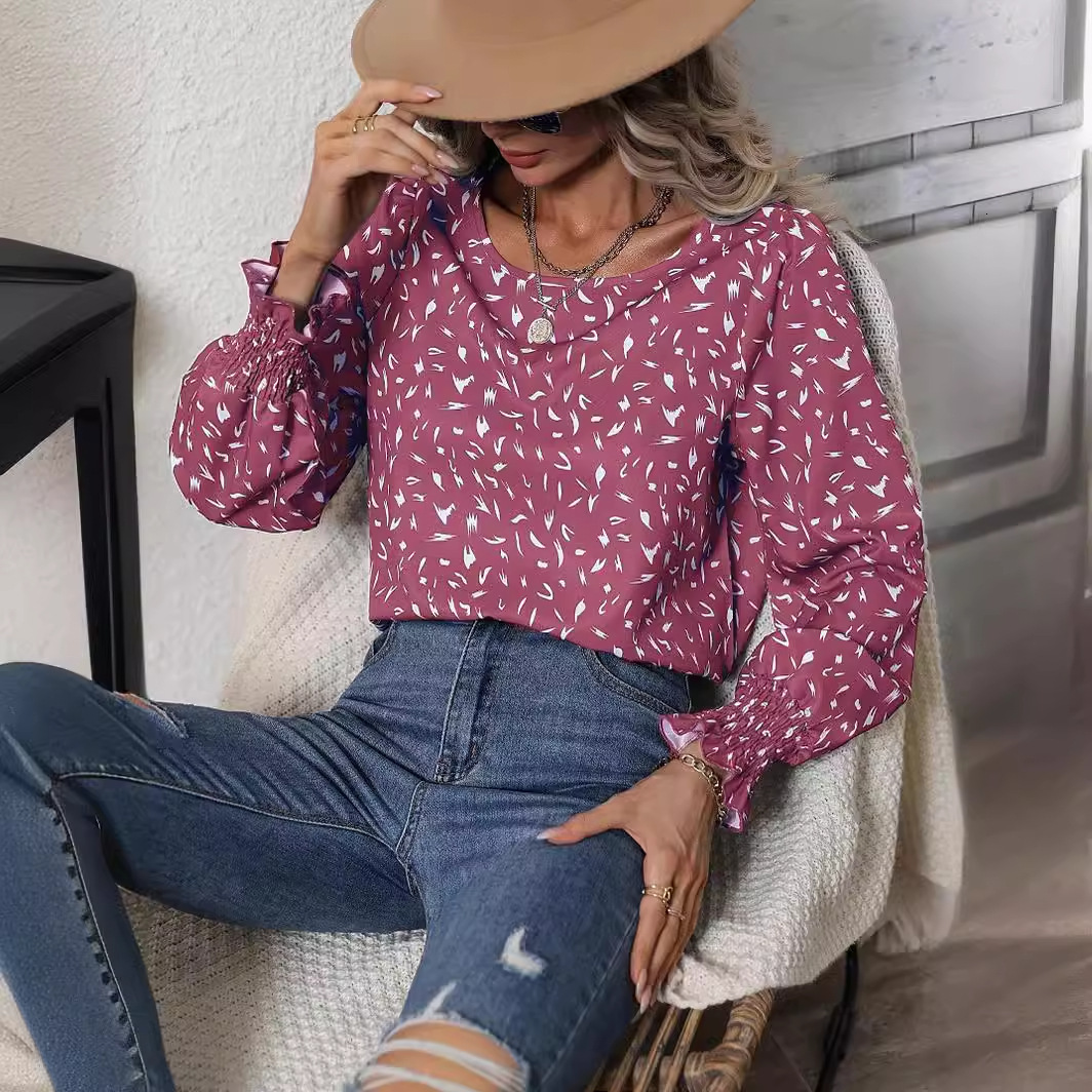2025 round neck bubble sleeves leopard print chiffon shirt commuter top for women