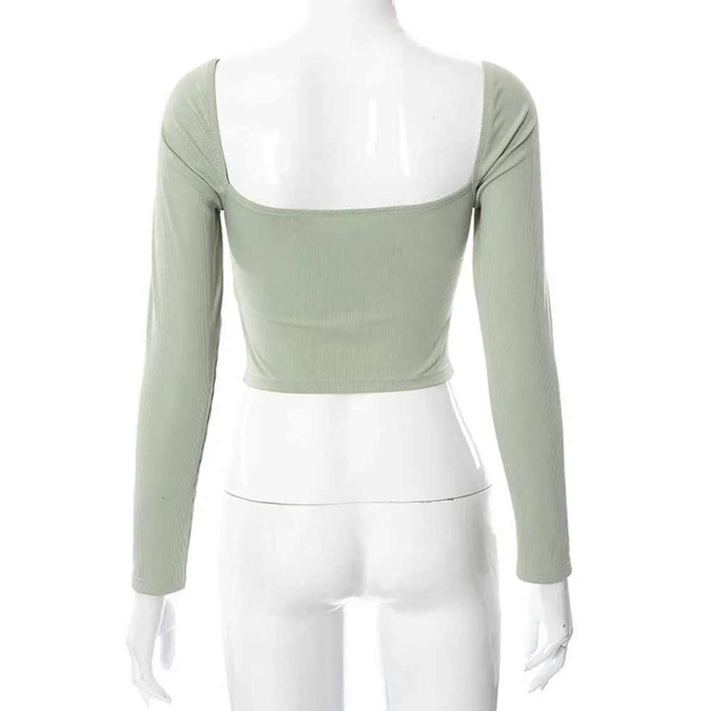 Hollow-Out V-neck Long Sleeve Crop Tops Spring Fall Casual Fashion Women Square Collar Slim Ribbed T-Shirts Backless Tee