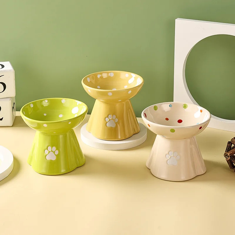 Cat Bowl Ceramic Protection Certificate Vertebrae Cat Food Base Anti Black Chin High Cat Bowl Rack Cat Teddy Dog Bowl Pet Bowl 250414