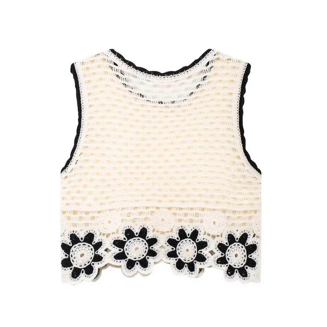 Autumn new European and American style crocheted sleeveless top contrasting color knitted wide leg pants fashion setXJ250414