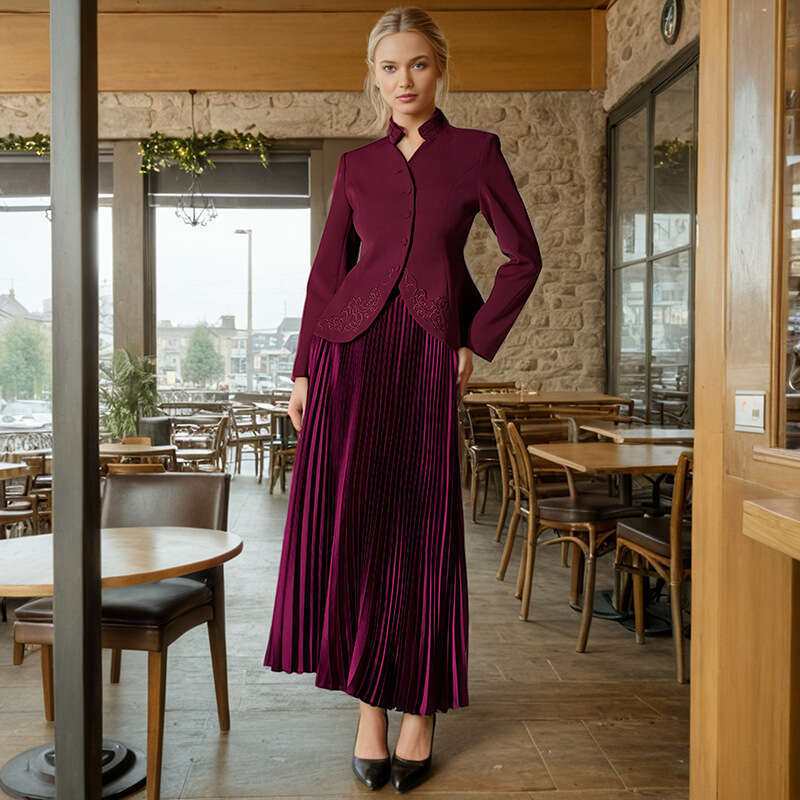 Designer Elegant Two-Piece Set: Embellished Standup Collar Top & Pleated Midi Skirt