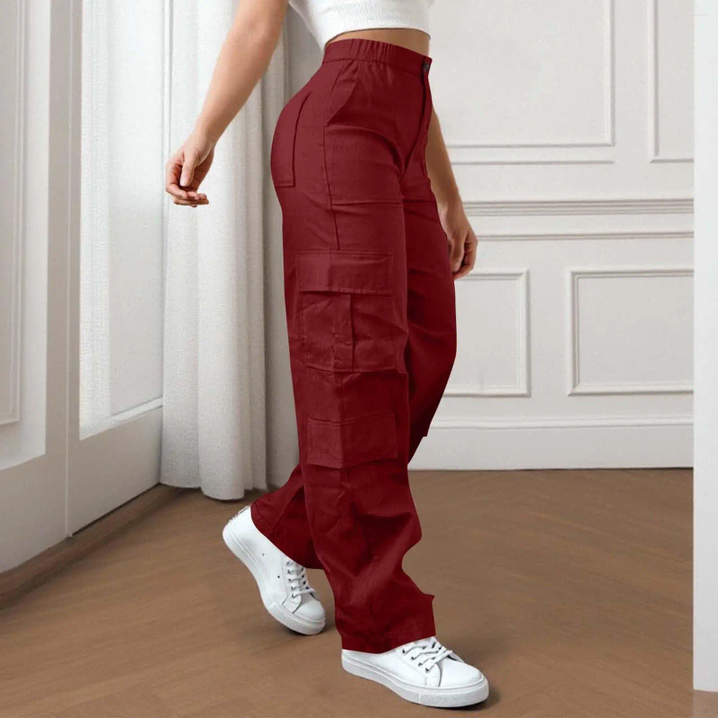 Women's Pants Casual Cargo Elastic Waist Straight Leg Trousers With Buttons Zip Pockets Outdoor Hiking Workwear Solid Color Z260314