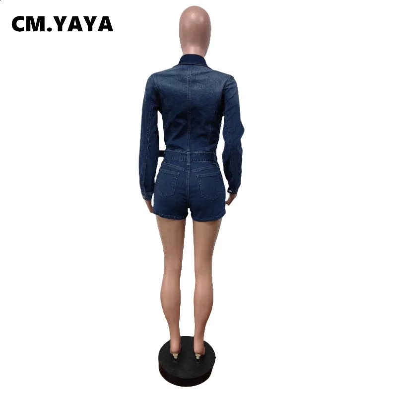 CMYAYA 2025 Womens Vneck Long sleeved Leather Strap Denim Short jumpsuit Summer Street Party Jeans 250411