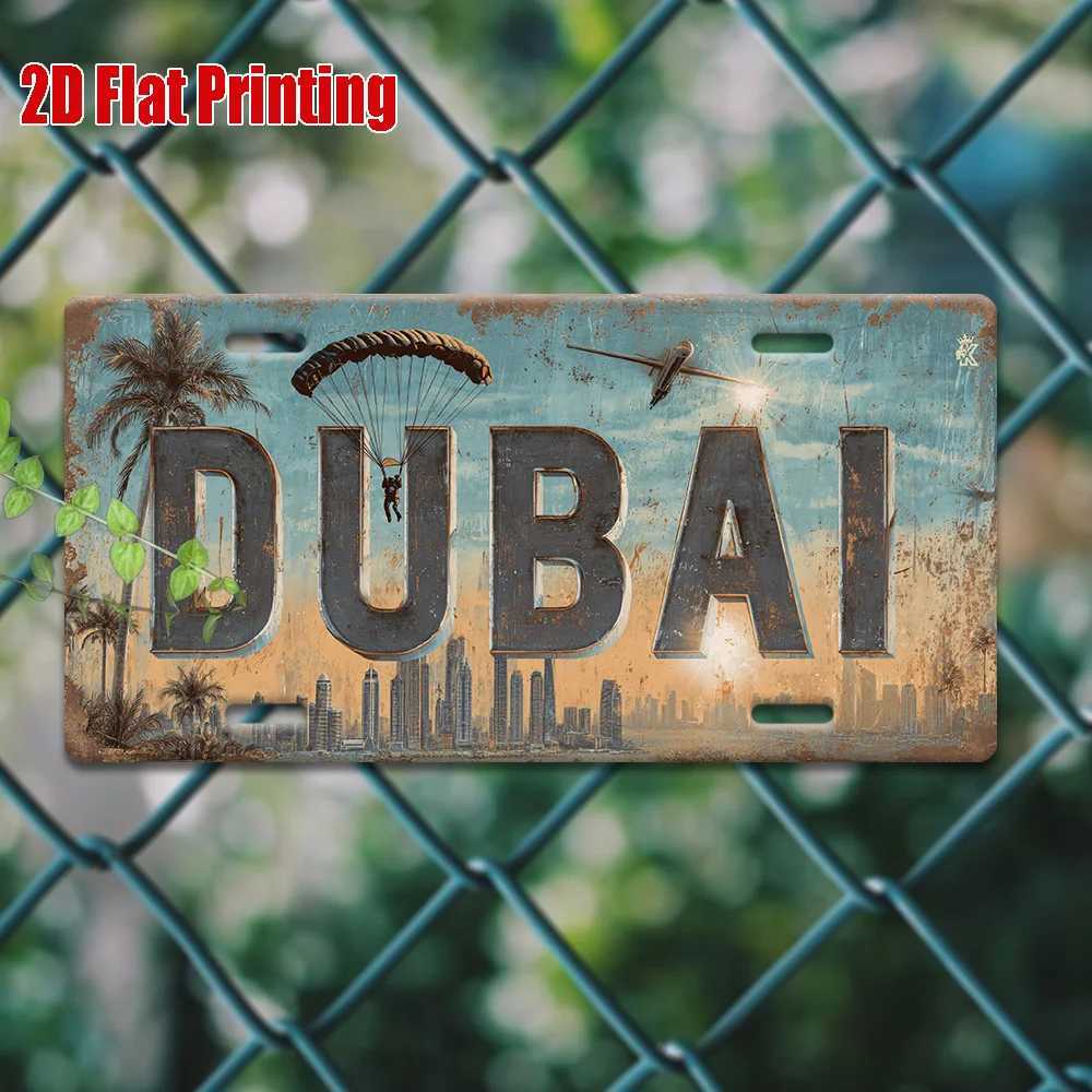 Printing Vintage Metal License Plate Outdoor Wall Art DUBAI Aluminum Sign with City Skyline and Paragliding Scene GreaM251114
