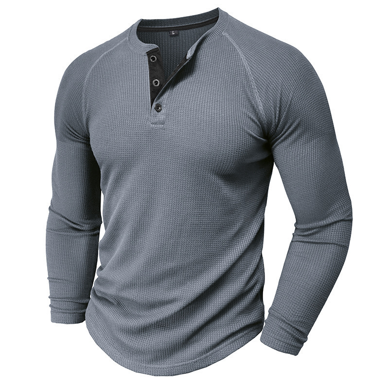 Mens Waffle Henley collar pullover long sleeved T-shirt solid color texture base shirt