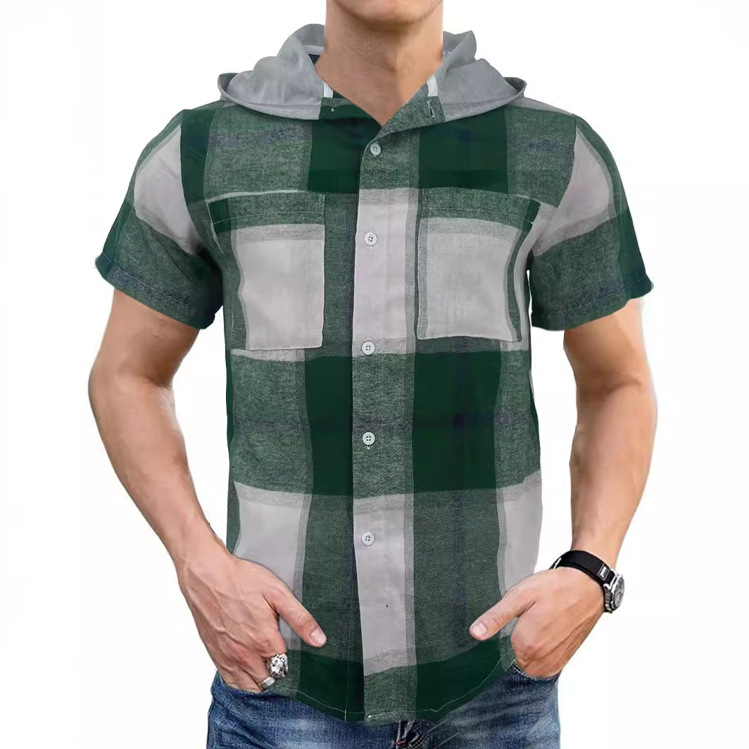 2025 summer new men's plaid short sleeved T-shirt casual hooded button up cardigan shirt