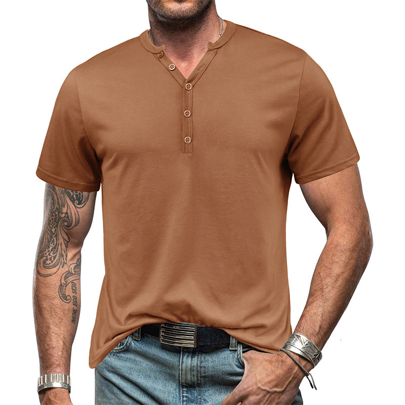 2025 Summer Mens Henry Short Sleeve T-shirt Mens Button V-Neck T-shirt Top Henleys