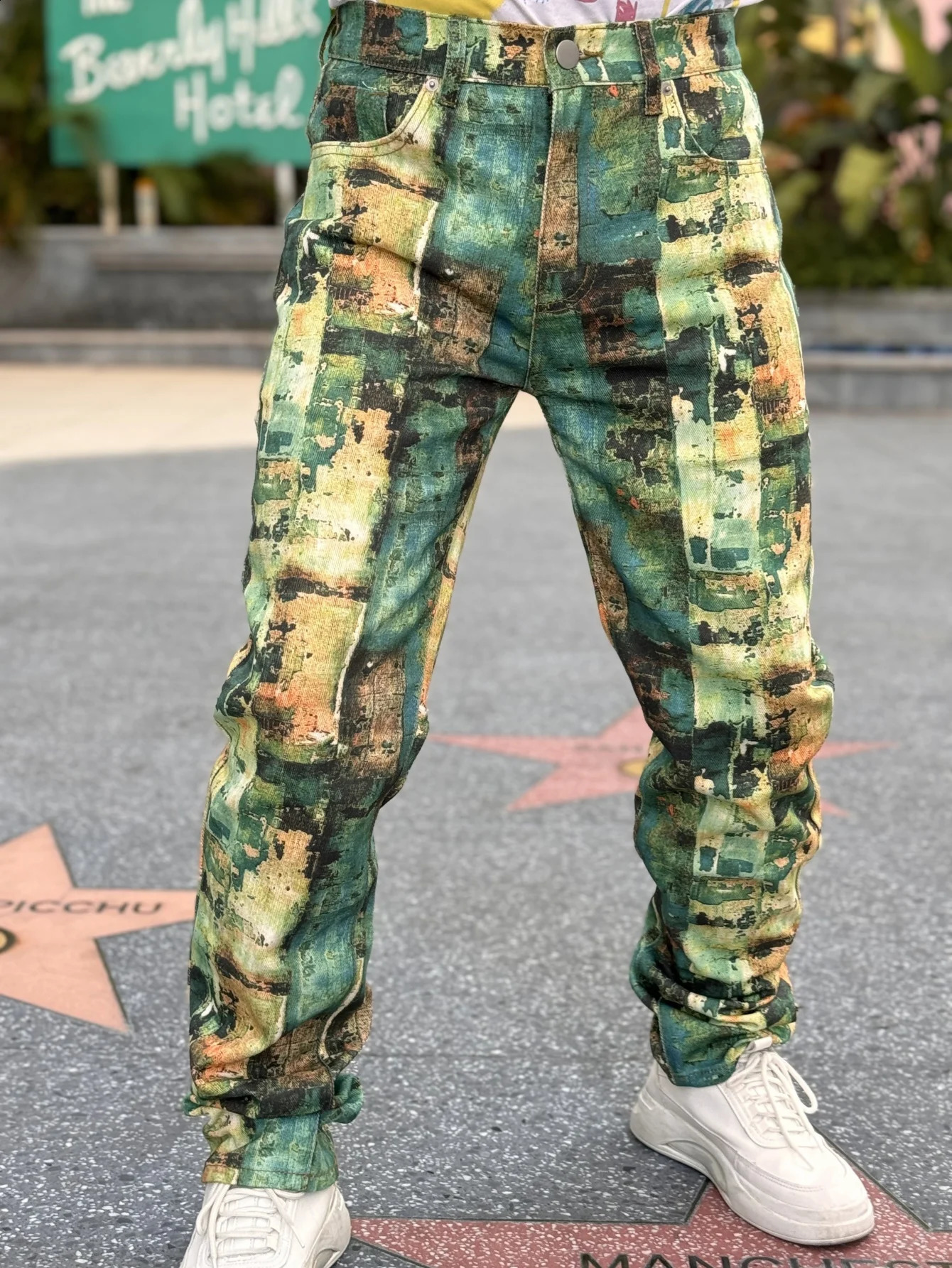 Y2K Mens Denim Jeans Patch Series Fashionable Street Hip Hop Style Regular Suitable for Green Cotton Blended 250407