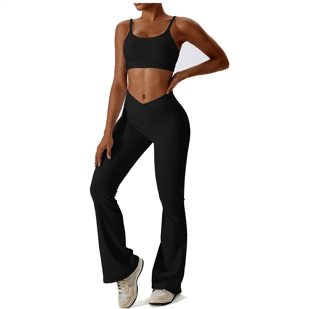 Women Soft Compression Elastic V Cut Ribbed Dance Flare Pants and Bra Set New Solid Color Gym Fitness Yoga Set 250414