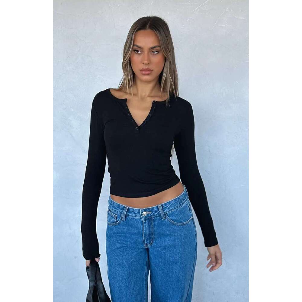 Womens V Neck Button Down Henley T Y2K Slim Fit Long Sleeve Crop Tops Basic Casual Going Out Tee Shirts