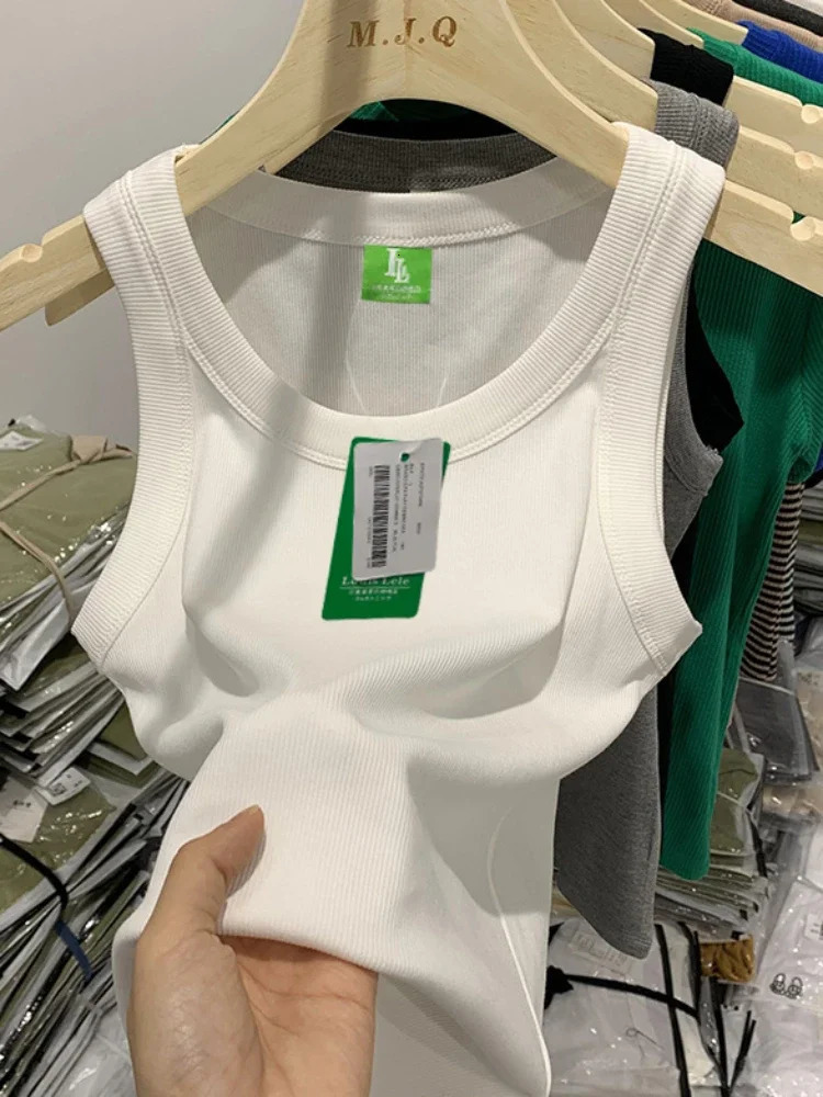 Summer womens sleeveless pure thin vest top sexy gray white black basic elastic Oneck 250414