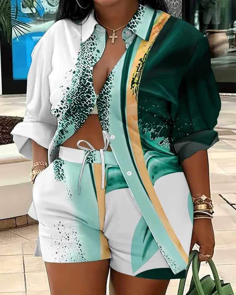 2024 Spring/Autumn Casual Womens Set Fashion Shirt Printed Button Up Shirt and Shorts Street Clothing Shorts Pants Set Two Piece SetXJ250414