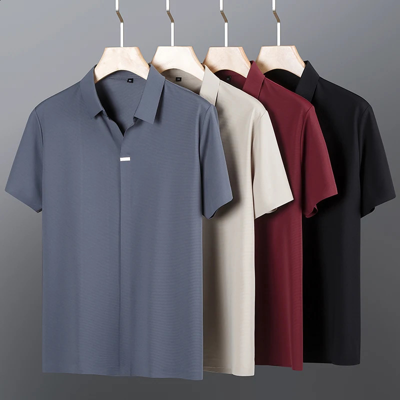 High end classic solid color patch decoration mens short sleeved POLO shirt summer silk ice silk casual business T-shirt 250411