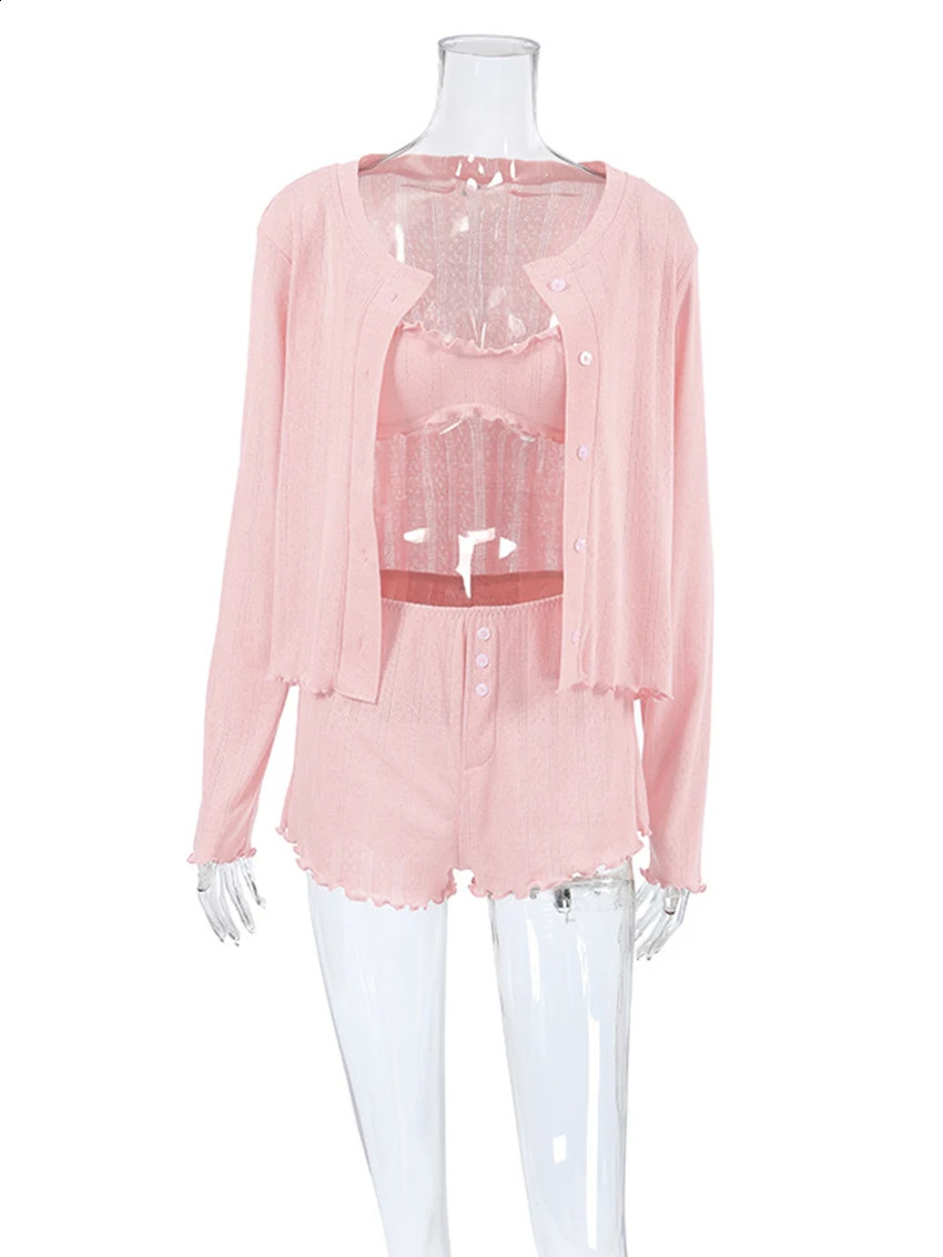 Marthaqiqi Fashion Women Sleepwear Suit O-Neck Nightie Long Sleeve Pajamas Tank Tops Pyjamas Shorts Ladies Nightwear 3 Piece Set 250409