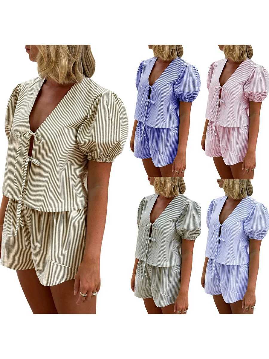 Womens summer shorts set lounge set striped printed short puffs Sves bow tie front top elastic waist shorts set pajamasXJ250414