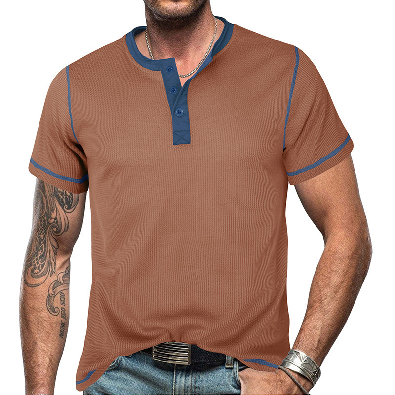 2025 Summer Mens Short sleeved Henley Shirt Mens T-shirt Top Color blocked Henley