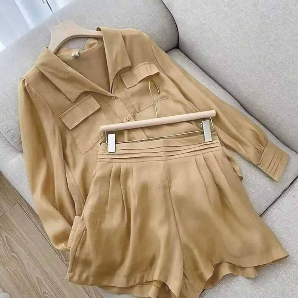 Ultra thin short sleeved shirt two-piece loose long Sve casual office uniform solid color two-piece set summer set womens EleXJ250414