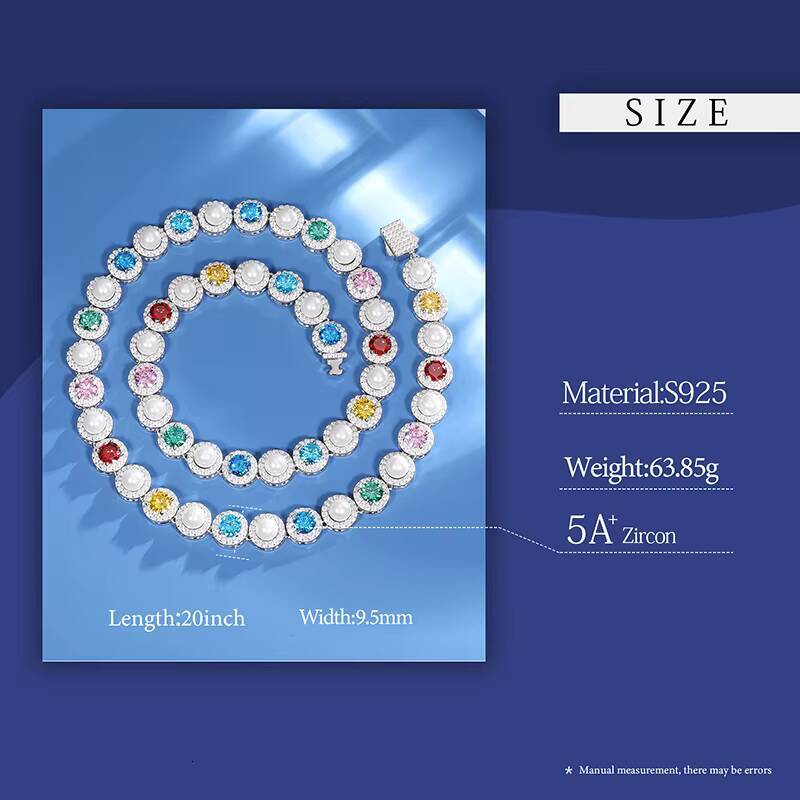 Exquisite Trendy White Gold Plated 925 Pure Silver Freshwater Pearl Necklace Round Colorful Zirconia Hola Tennis Necklace