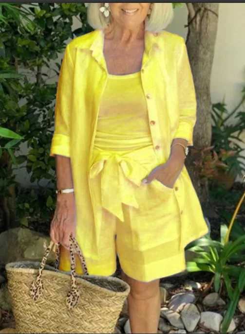 Spring Womens Track Set Oversized Sce Shirt Wide Leg Shorts Fe Trendy Fashion Casual 3-Piece Set WomenXJ250414