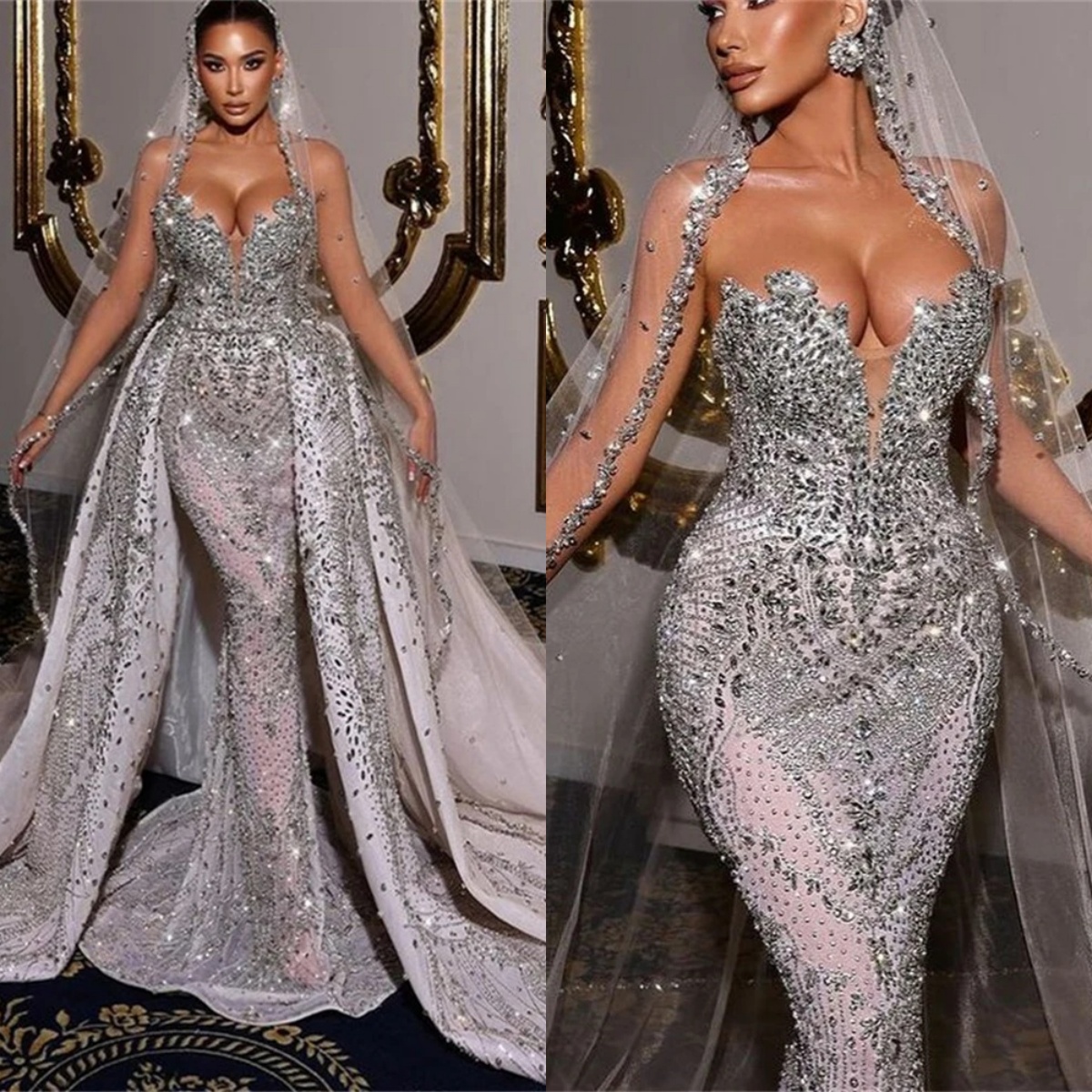 Luxurious Halter Mermaid Wedding Dresses Beaded Crystal Sleeveless Bridal Gowns Detachable Train Robe De Mariee Customized
