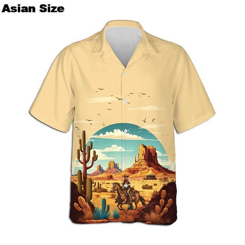 Harajuku 3D American Western Cowboy Printed Mens Shirt 2025 Fashion Street Clothing 80s Top Cool Casual Collar Shirt W250414