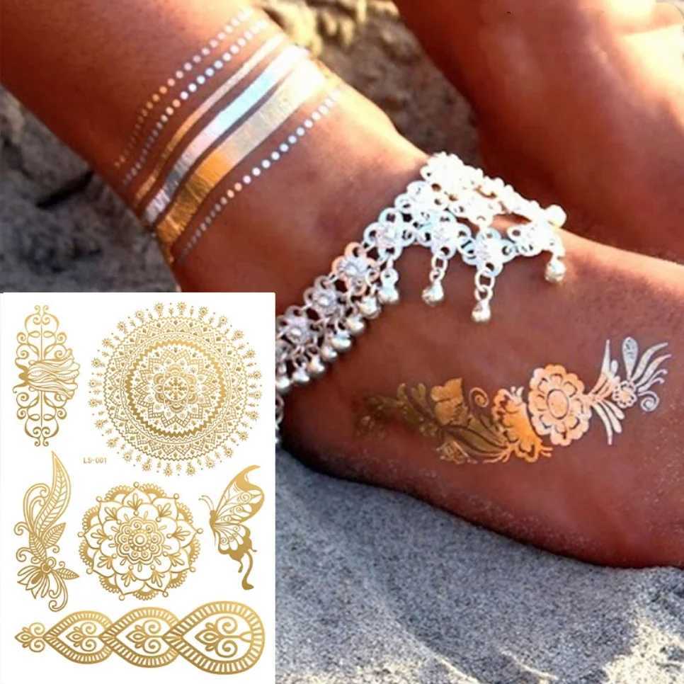 1P metal foil rose gold temporary tattoo sticker art lace bride Mandala water transfer tattoo sticker fake tattoo stickerXJ25414