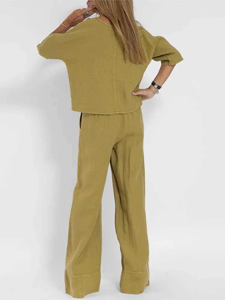 Summer fashion new cotton linen 2-piece set for womens casual O-neck short Sved top+wide leg pants 2-piece setXJ250414