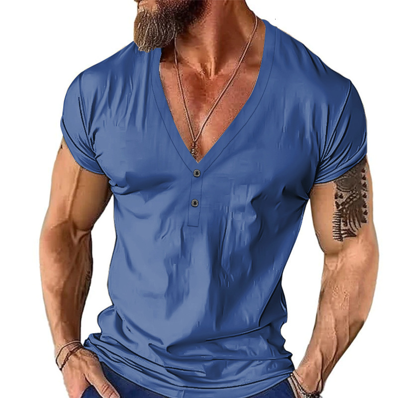 2025 men's loose Henley shirt casual color blocked youth short sleeved T-shirt