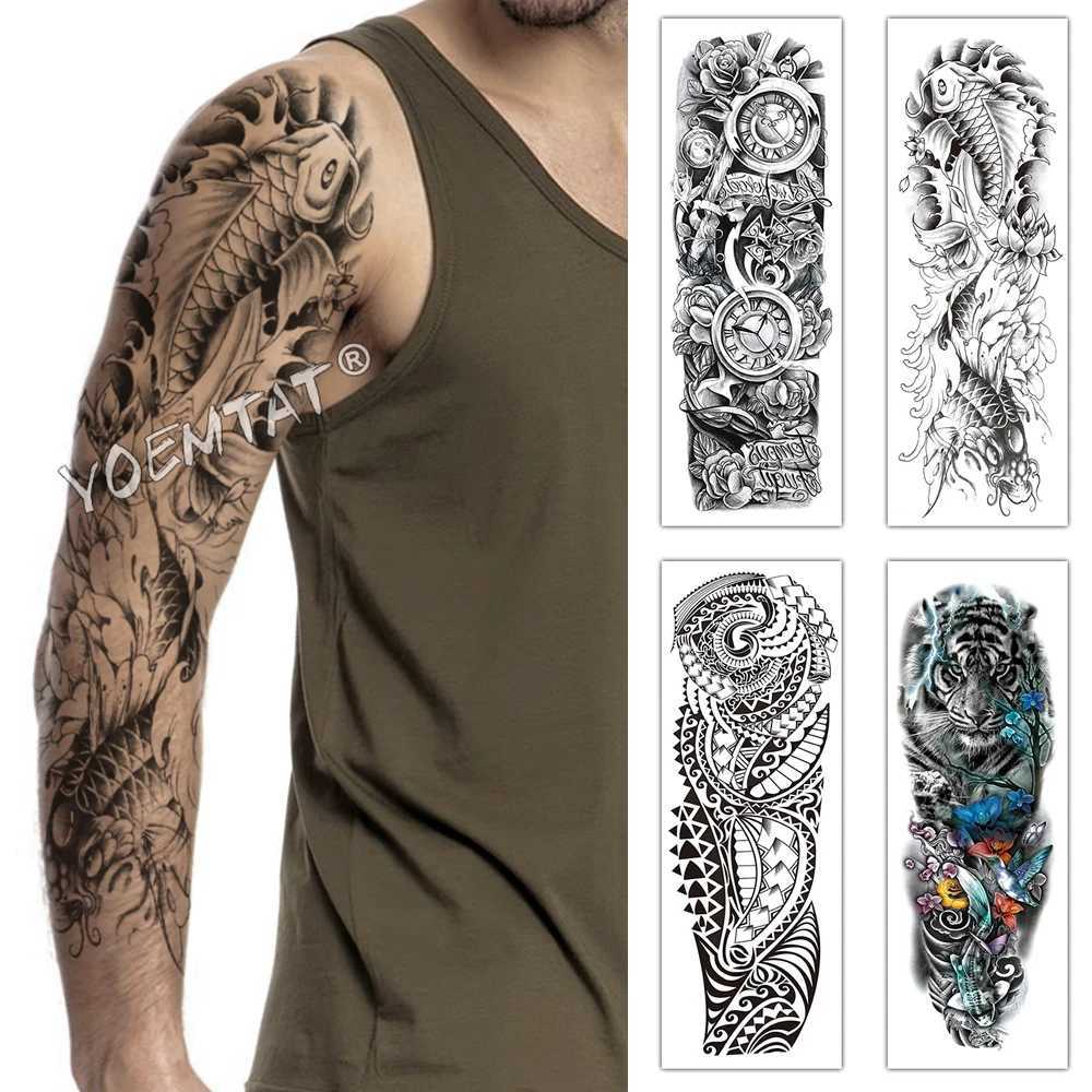 Large Full Sleeve Waterproof Temporary Tattoo Stickers Watch Rose Gothic Text Carpet Totem Fake Tattoo Body Art MenXJ25414