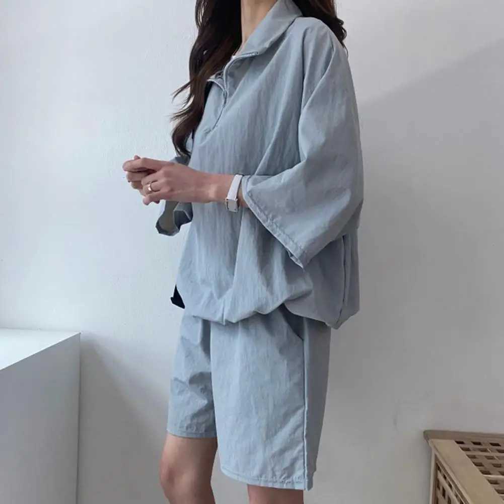 2-piece/set summer womens top set solid color zipper collar shirt setXJ250414