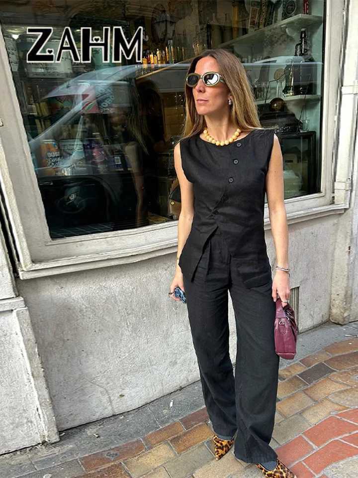 Ele asymmetrical vest pants set womens solid O-neck strapless top Drstring wide leg pants 2025 summer womens new setXJ250414