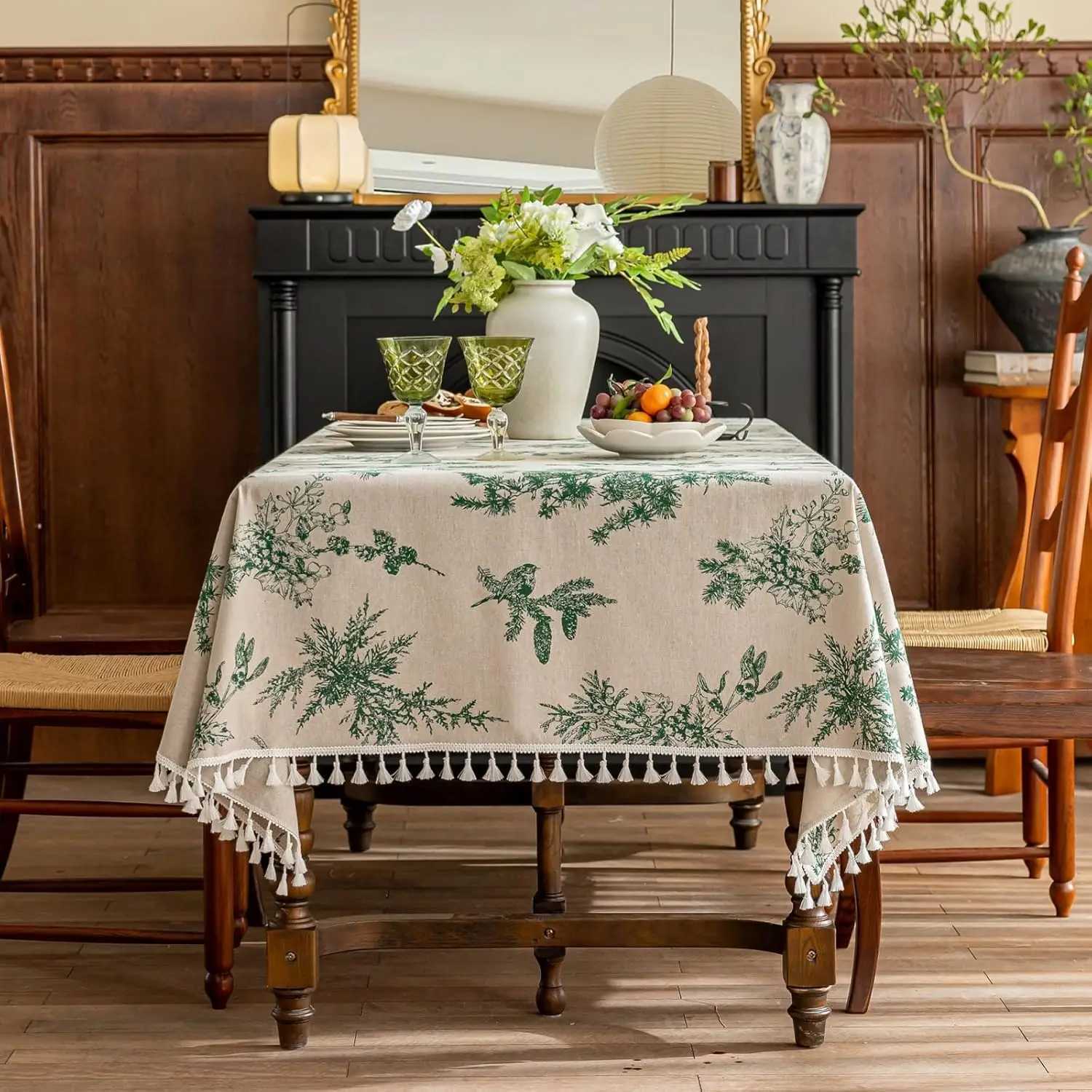 Christmas Square Vintage Cotton Linen Tablecloth with Stitching Tassels Washable Fabric Table Cover for Christmas Dining Kitchen Tea Party Y251113