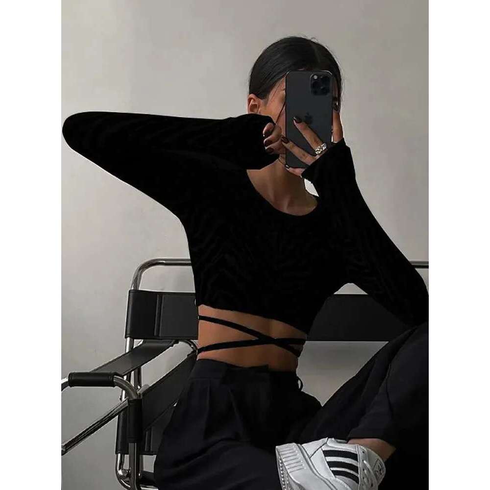 Sexy Backless Lace ups Pullover Tees Women Autumn Black O-neck Slim Longsleeve Short T-Shirt