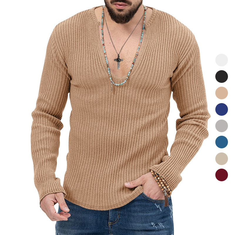 Men's clothing 2025 autumn and winter new sweater knitted solid color slim fit V-neck men's long sleeved T-shirt