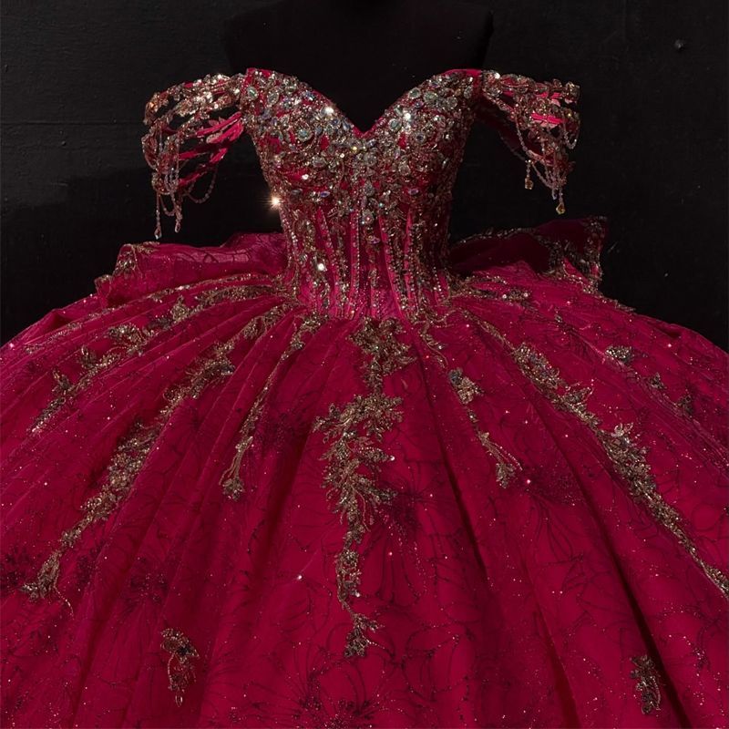 Rose Red Shiny Quinceanera Dresses Ball Gown Off Shoulder Appliques Lace Beading Crystal Bow Tull Sweet 16 Dress Vestidos De 15 Anos 4N14