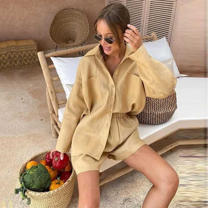Womens Retro Solid Matching Set Spring/Summer Leisure Street Set Long Sve Collar Shirt Loose Ele Tracksuit 2025XJ250414