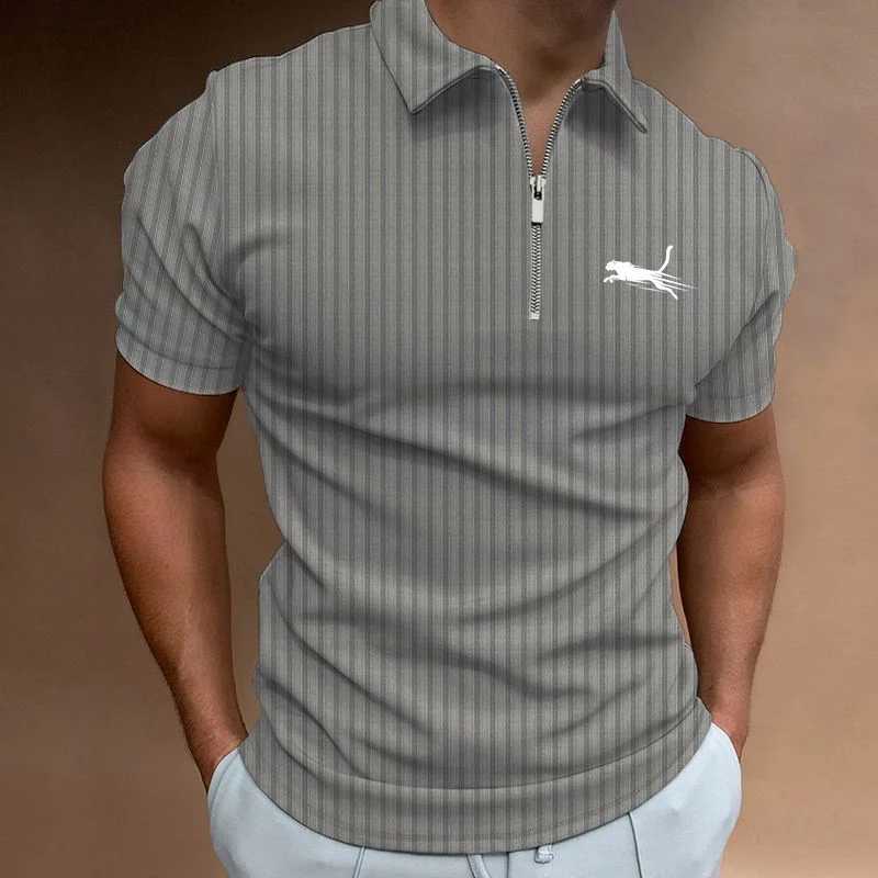 Summer mens collar striped polo shirt zipper short sleeved fashionable lightweight luxurious and trendy S-3XL W250414