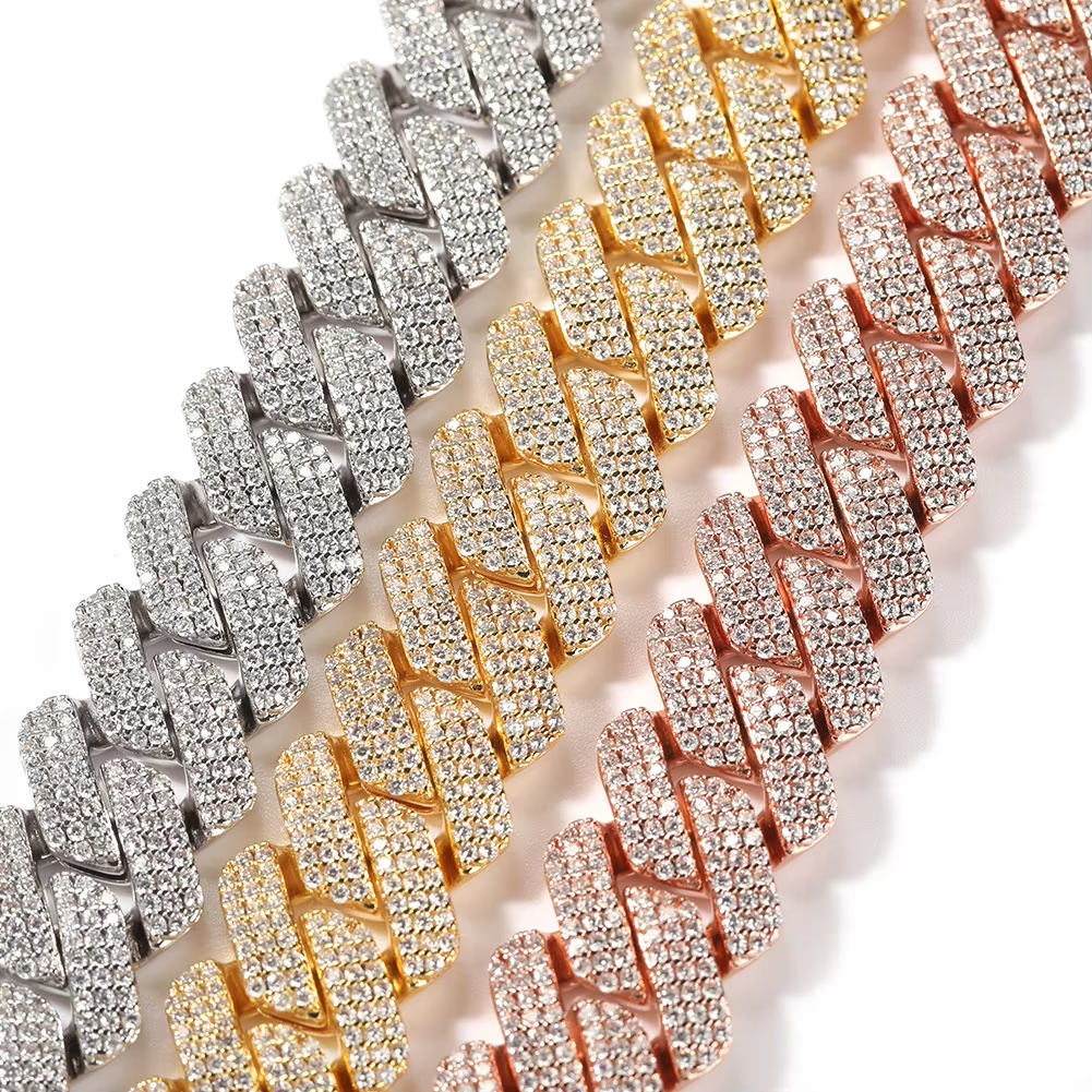 Bg 14k Gold Plated CZ Iced Lab Grown Dia Hiphop Jewelry 19mm Heavy Prong Cuban k Chains Trendy Rhodium Rope Pearl