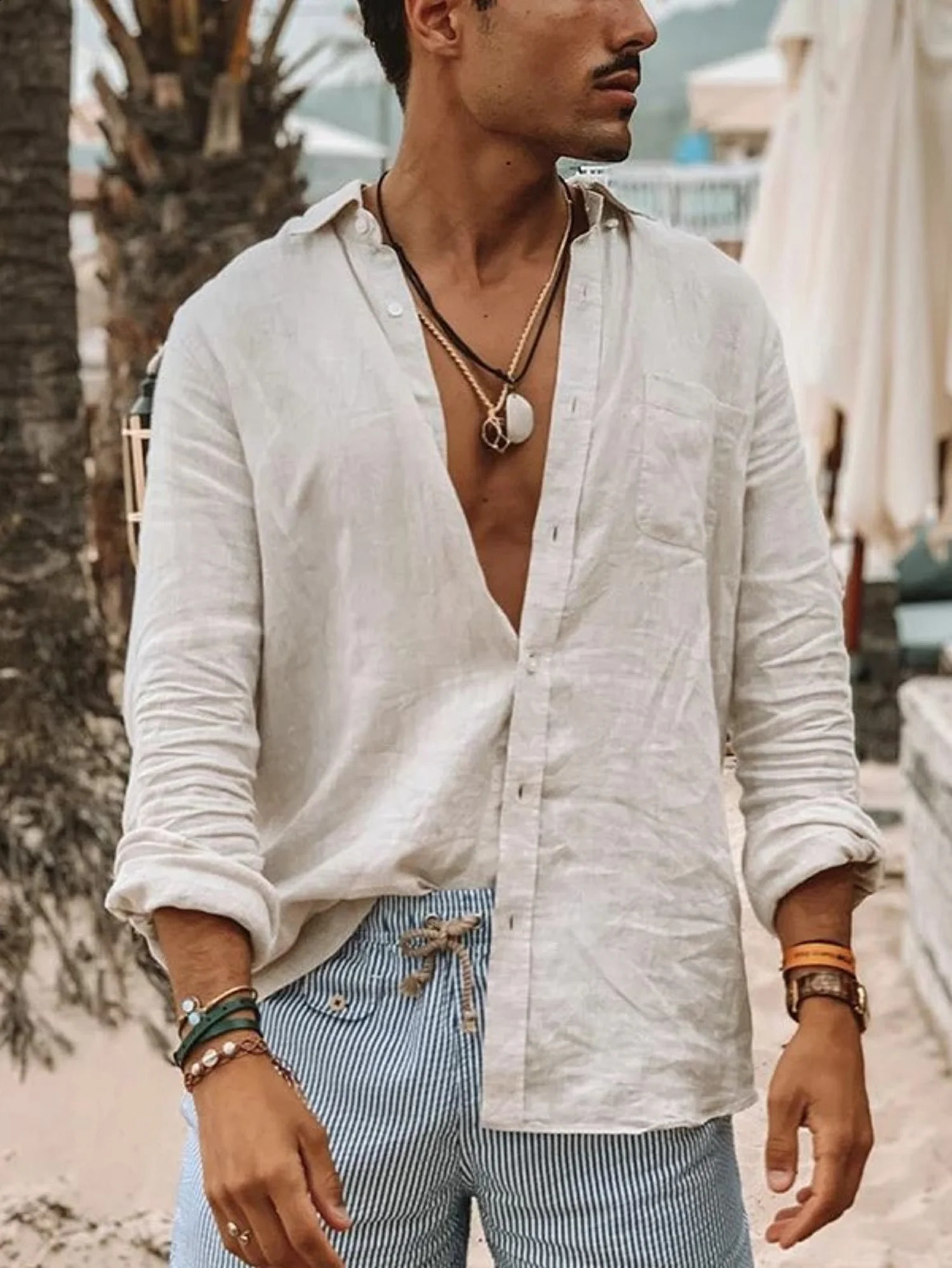 Mens casual fashion solid color thin long-sleeved shirt lapel cardigan suitable for outdoor activities 250411