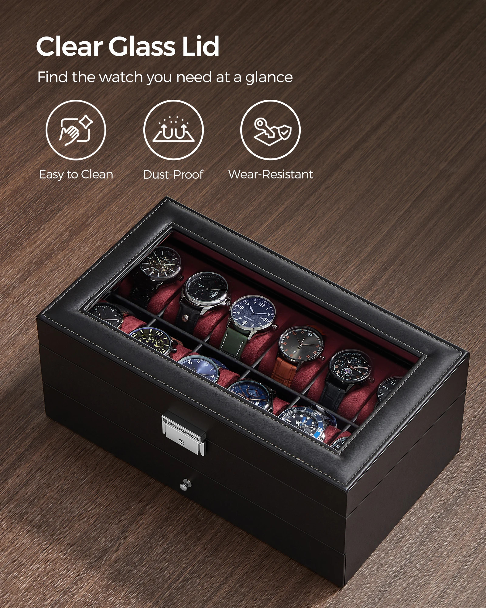 SONGMICS Lockable Watch Box 12-Slot with Glass Lid 2 Layers Watch Case with 1 Drawer for Rings And Bracelets Gift Idea 251110