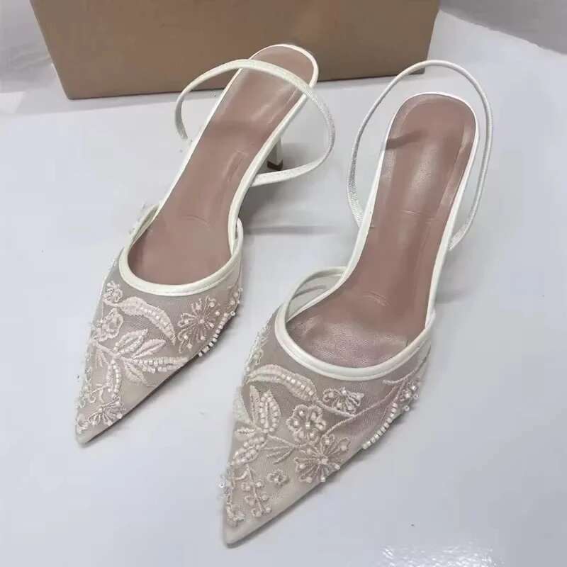 2025 New Black Woman Embroidered Mesh Open Heel Shoes Fashion Print Stiletto Women High-heel Pumps Sexy Pointed End Sandals
