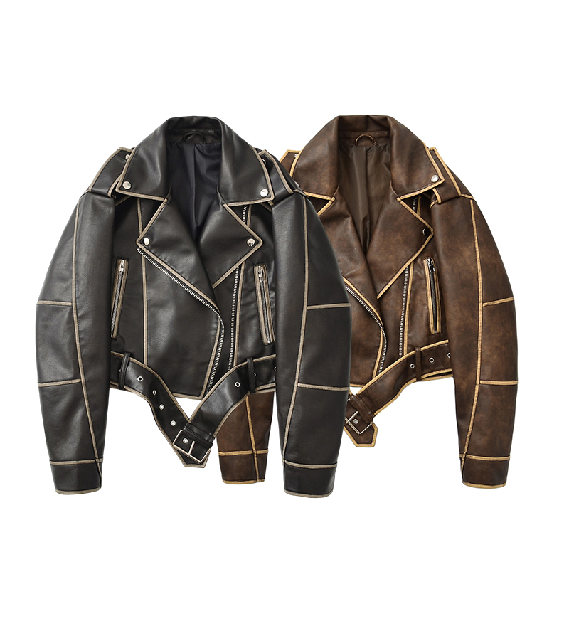 American Retro Style Brown Leather Jacket for Women - Fall Cotton Moto Lapel Couples Coat
