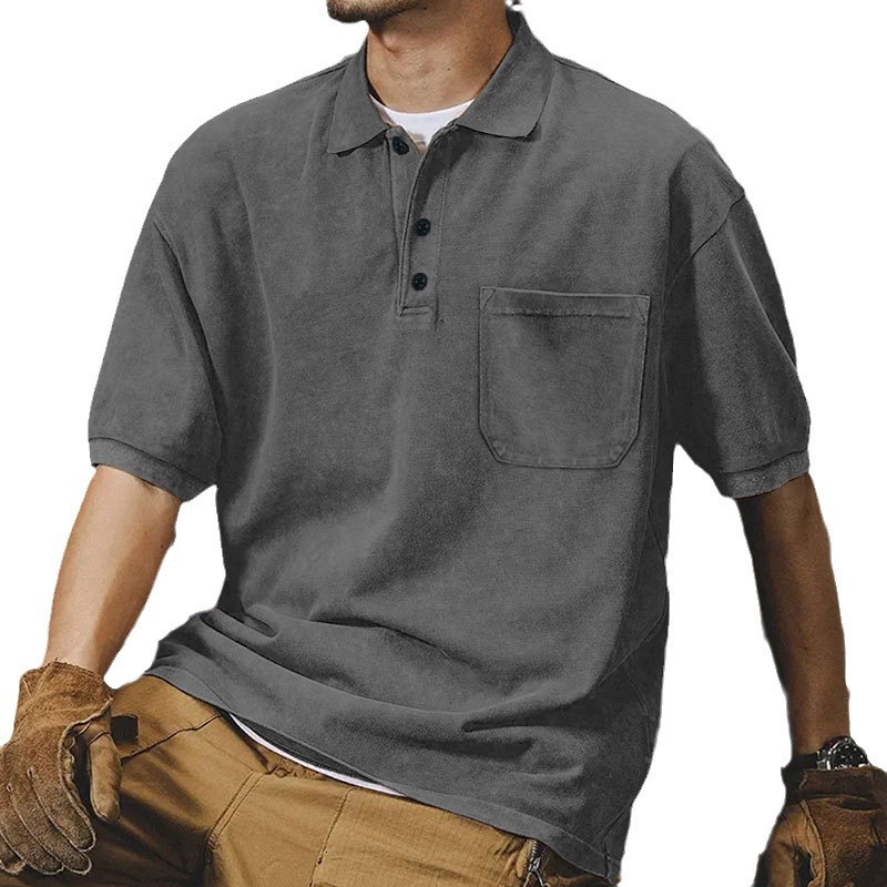 2025 New Collar Button Summer Loose Short sleeved Men's High Street T-shirt