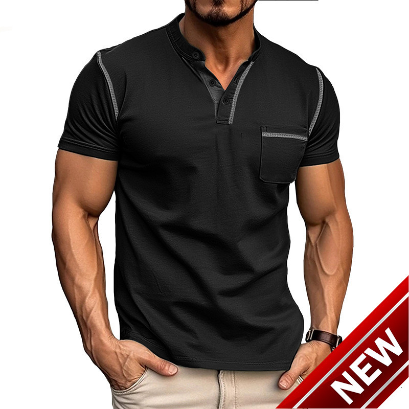Mens 2025 summer short sleeved mens T-shirt mens Henry shirt Henry collar T-shirt top