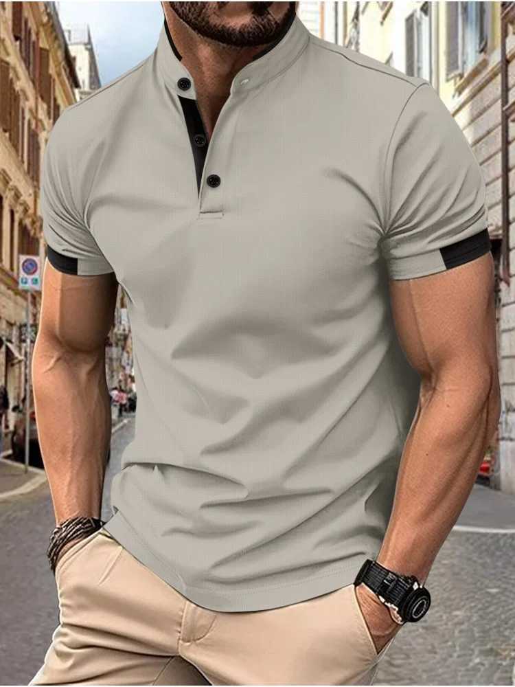 2024 Mens New Polo Shirt Summer Mens Stand up Collar Button Casual Short Sleeve T-shirt Top W250414